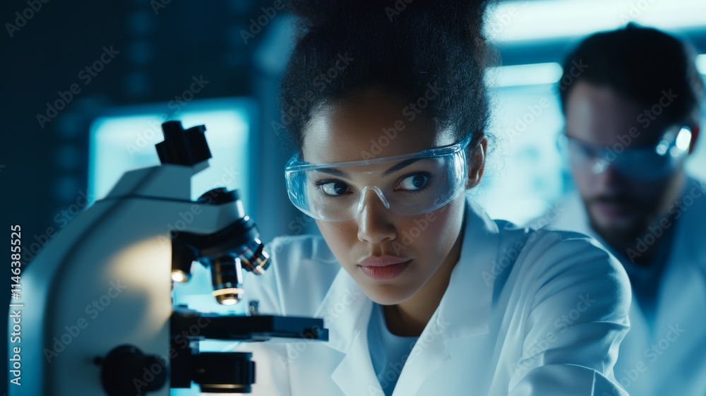 Focused Scientist Conducting Research with a Microscope in a Modern Laboratory Setting Focused Scientist Conducting Research with a Microscope in a Modern Laboratory Setting