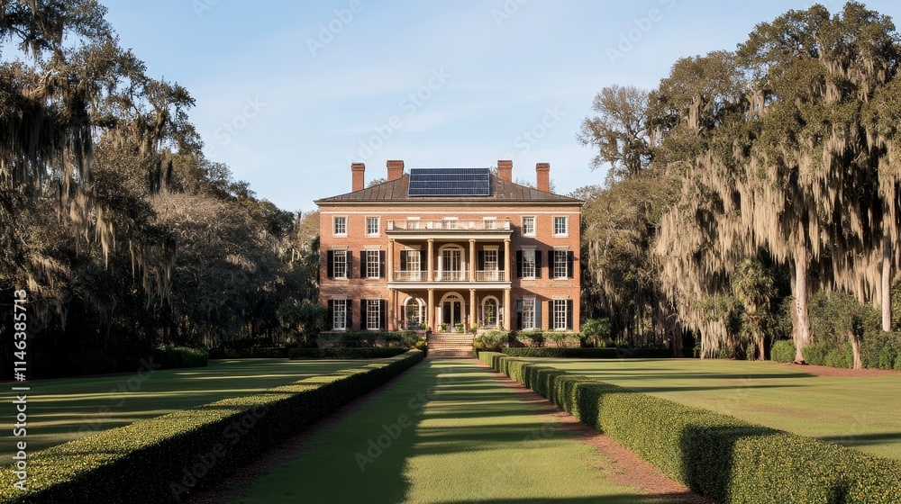 Obraz premium Beautiful Classic Brick House in Charleston, South Carolina with Solar Panels: Eco-Friendly Living, Traditional Architecture, and Sustainable Design