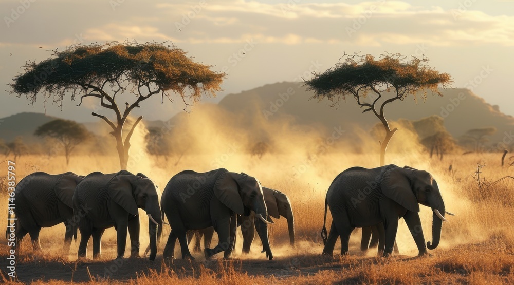 Fototapeta premium Herd of Elephants in the Savannah .