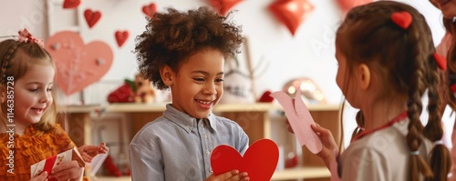 Kids exchanging Valentine's Day cards with joyful smiles in a festive classroom setting.
