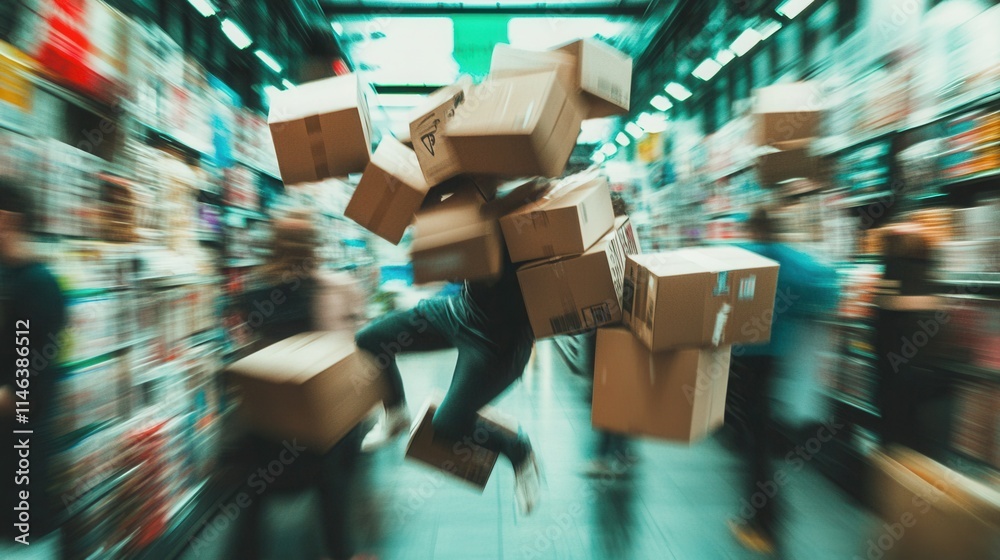 Obraz premium a shopper struggling to balance a teetering tower of boxes, with one slipping off the top, surrounded by a busy store.