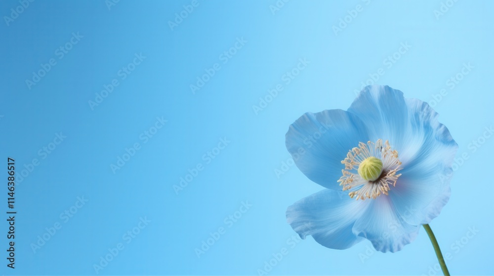 Blue flower with delicate petals against a soft blue background in a tranquil setting Blue flower with delicate petals against a soft blue background in a tranquil setting