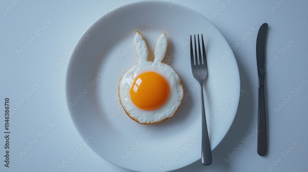 Sunny-side up egg shaped as bunny rabbit on a plate with fork and knife. Sunny-side up egg shaped as bunny rabbit on a plate with fork and knife.