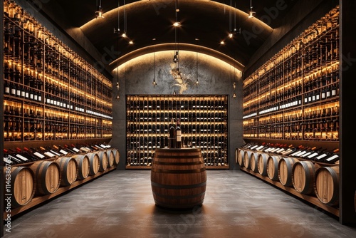 A tunnel lined with wine barrels, featuring a light suspended from the ceiling, a brick floor, and a brick wall with a ceiling-mounted light fixture. photo