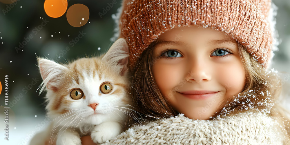 Girl Holds Kitten in Snowy Winter Wonderland Girl Holds Kitten in Snowy Winter Wonderland