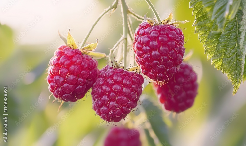 Freshly picked raspberries hang from a green plant in a sunny garden on a warm summer afternoon, showcasing vibrant colors and juicy textures Freshly picked raspberries hang from a green plant in a sunny garden on a warm summer afternoon, showcasing vibrant colors and juicy textures