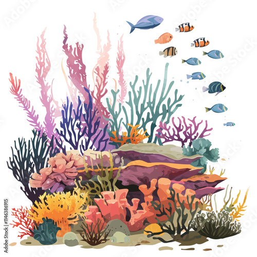 A watercolor painting of a coral reef teeming with marine life, isolated on a white background. Coral reef marine life vector.
