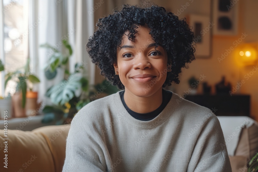 Fototapeta premium Smiling woman with curly hair sits comfortably in a cozy living room with plants and warm lighting in the background