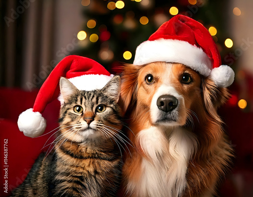 A lovable cat and dog in Santa hats, relaxing together at home and soaking in the festive atmosphere on Christmas Eve photo