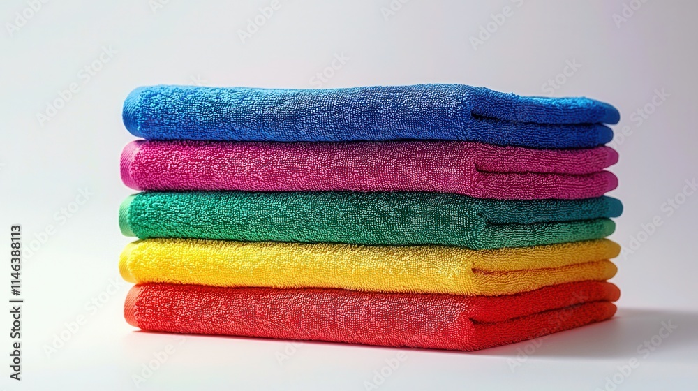 Colorful stacked towels in various hues arranged neatly on a clean surface Colorful stacked towels in various hues arranged neatly on a clean surface