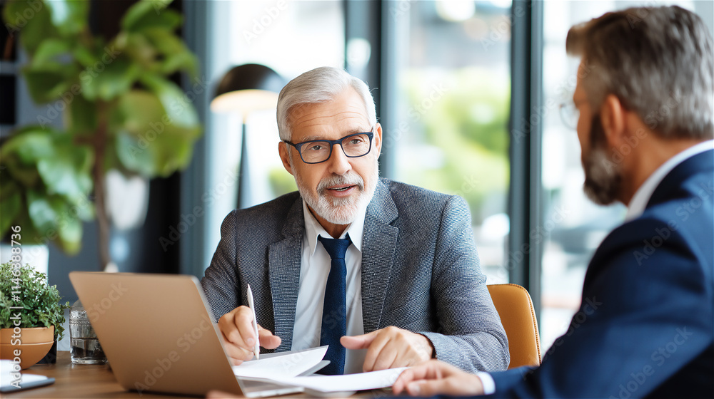 Senior businessman having a discussion with a younger colleague in a modern office. The setting reflects collaboration, mentorship, and professionalism. Senior businessman having a discussion with a younger colleague in a modern office. The setting reflects collaboration, mentorship, and professionalism.