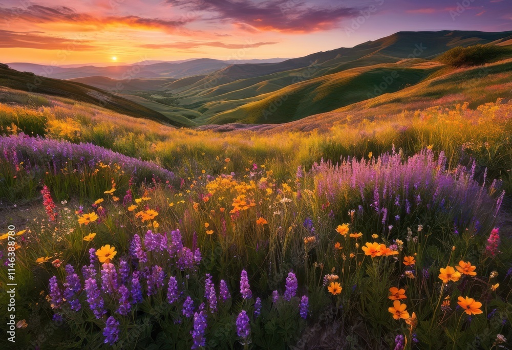 Obraz premium breathtaking moody landscape showcasing vibrant wildflowers under gentle evening light rolling hills background, nature, sunset, field, flora, colors