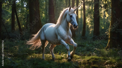 Photorealistic illustration of unicorn in the magic forest, magical beings, fairy tale, enchanted forest
