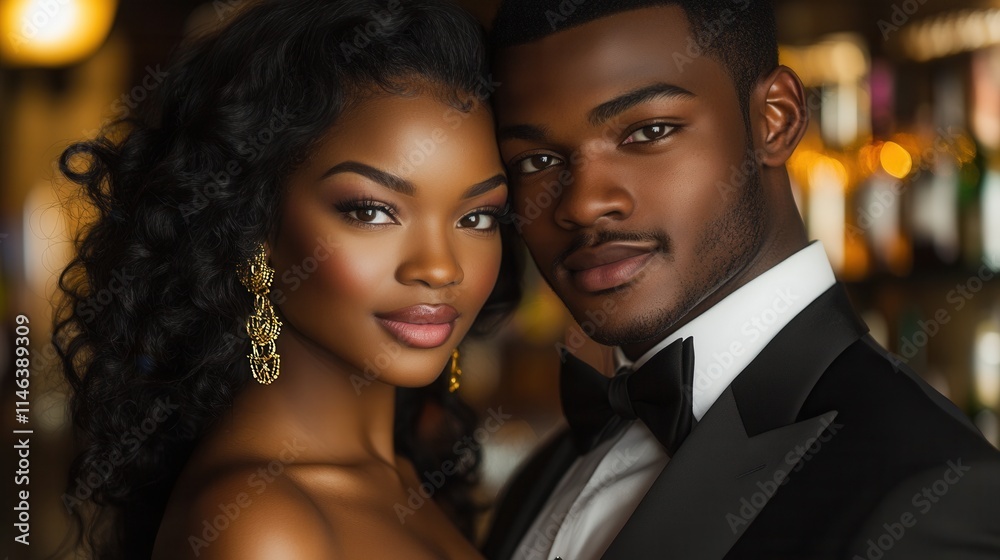 Couple dressed elegantly posing confidently in a stylish venue filled with ambient lighting and shelves of drinks Couple dressed elegantly posing confidently in a stylish venue filled with ambient lighting and shelves of drinks