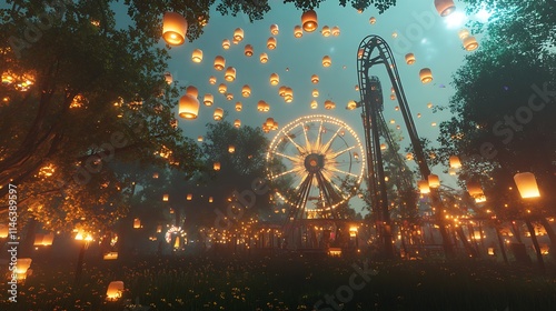 Night amusement park scene with Ferris wheel, roller coaster, and numerous floating lanterns illuminating the trees and grounds.