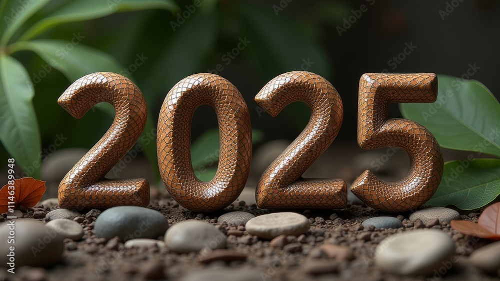 The numbers 2025 are made of snakeskin, on a natural background of earth, stones, leaves, new year card The numbers 2025 are made of snakeskin, on a natural background of earth, stones, leaves, new year card