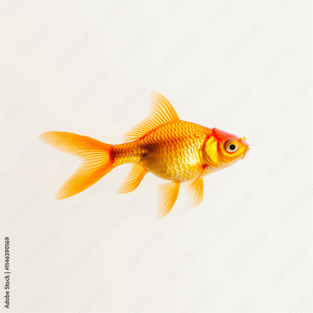 Goldfish swimming against a plain white background, creating a simple and modern visual. Ideal for concepts of minimalism and aquatic themes. Goldfish swimming against a plain white background, creating a simple and modern visual. Ideal for concepts of minimalism and aquatic themes.