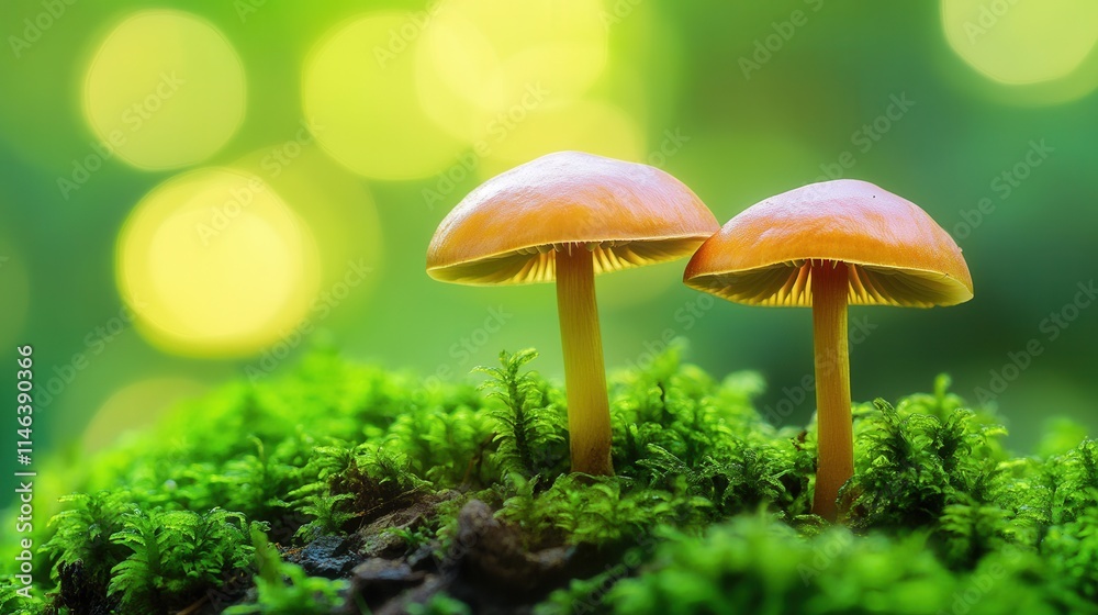 Fototapeta premium Two vibrant orange mushrooms grow amidst lush green moss in a serene forest setting during early morning light