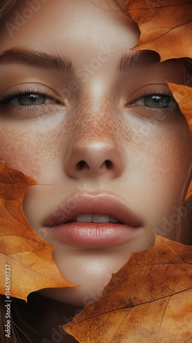 Natural beauty captured with autumn leaves framing a serene face in a soft, warm light, highlighting freckled skin and expressive blue eyes