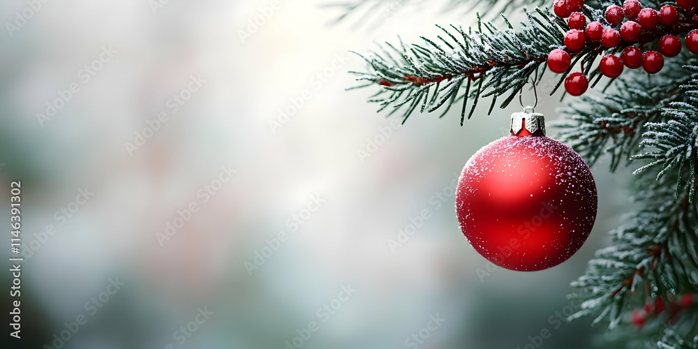 Red Ornament Hangs on Snowy Winter Tree Branch Red Ornament Hangs on Snowy Winter Tree Branch