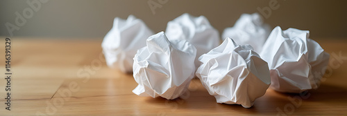 Crumpled paper balls are a creative prop often used to stimulate brainstorming sessions on wooden backgrounds and tables._00001_