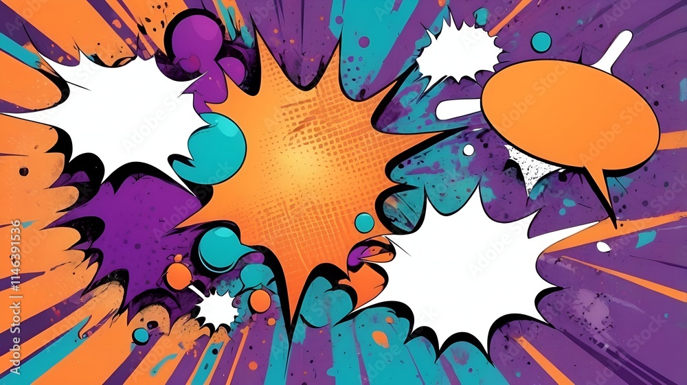 Comic book style background artwork with exploding pop speech bubbles