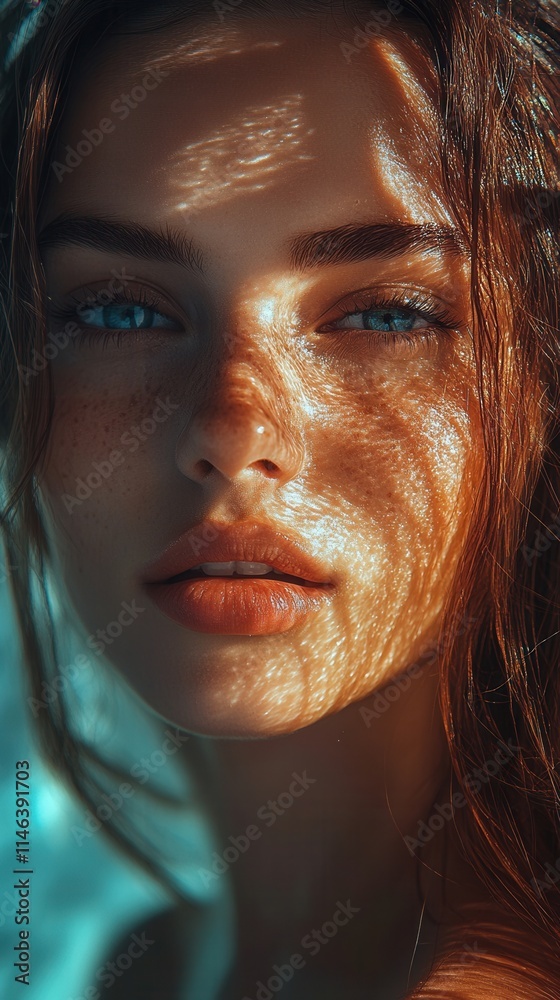 Sunlit portrait of a woman with striking blue eyes and natural beauty in soft shadows and sunlight patterns during a warm afternoon Sunlit portrait of a woman with striking blue eyes and natural beauty in soft shadows and sunlight patterns during a warm afternoon