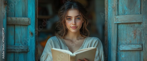 Young Woman Reading a Book in a Rustic Doorway