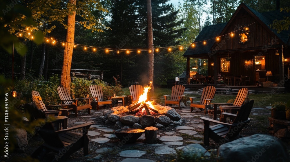 A warm, cozy outdoor scene at a Canadian chalet, with a crackling campfire surrounded by Adirondack chairs and string lights overhead, creating a welcoming ambiance on a summer evening. A warm, cozy outdoor scene at a Canadian chalet, with a crackling campfire surrounded by Adirondack chairs and string lights overhead, creating a welcoming ambiance on a summer evening.