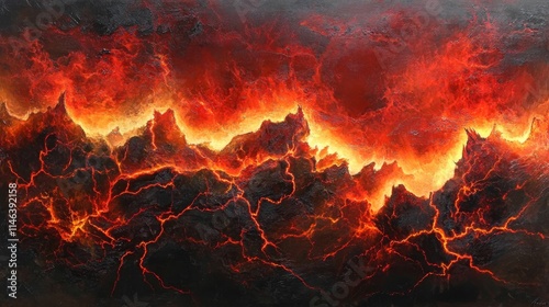 Abstract depiction of a raging wildfire, furious waves of searing crimson and aureate flames, jagged arcs of crackling electricity surging through the inferno, a visceral and raw display of unbridled