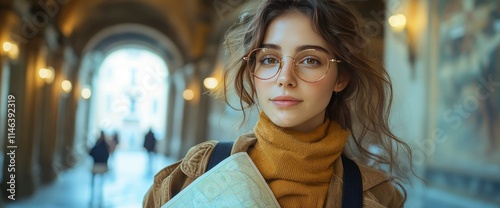 Young Woman Tourist with Map in European City