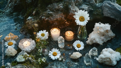 An atmospheric, ethereal arrangement of natural elements - including candles, daisies, and crystals - arranged with intentionality on a weathered, mossy surface, suggesting a ritual or sacred photo