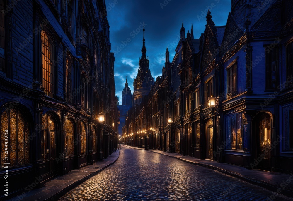 Obraz premium dramatic cityscape twilight capturing moody atmosphere intricate shadows under dim lighting, skyline, urban, buildings, lights, night, silhouette