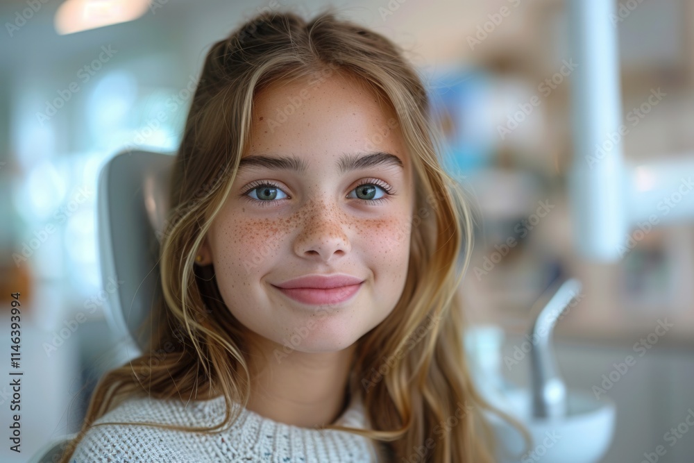 Smiling girl with freckles in a dental clinic during an appointment, showcasing a friendly atmosphere and colorful decor Smiling girl with freckles in a dental clinic during an appointment, showcasing a friendly atmosphere and colorful decor
