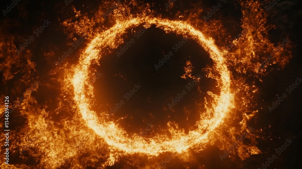 Fototapeta premium Encircled by an intense, glowing ring of flame, the central void exudes a sense of foreboding and power. Flickering embers and tongues of fire dance along the outer edge of the ring, creating an