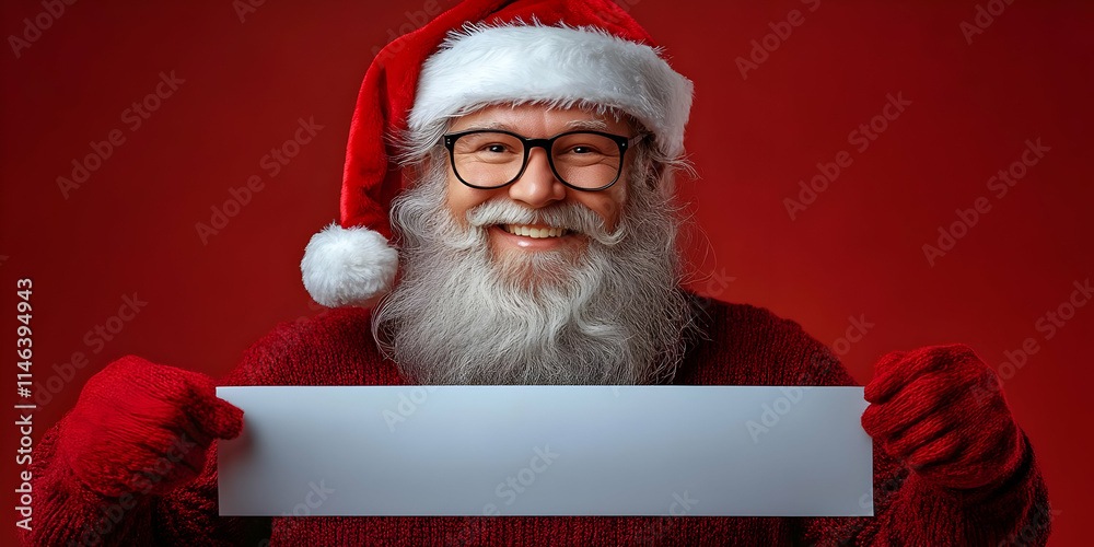 Naklejka premium Santa Claus Holds Blank Sign, Festive Cheer, Holiday Wishes, Winter Wonderland, Christmas Spirit, Red Background, Season's Greetings, Merry Christmas, Happy Holidays, Holiday Celebration
