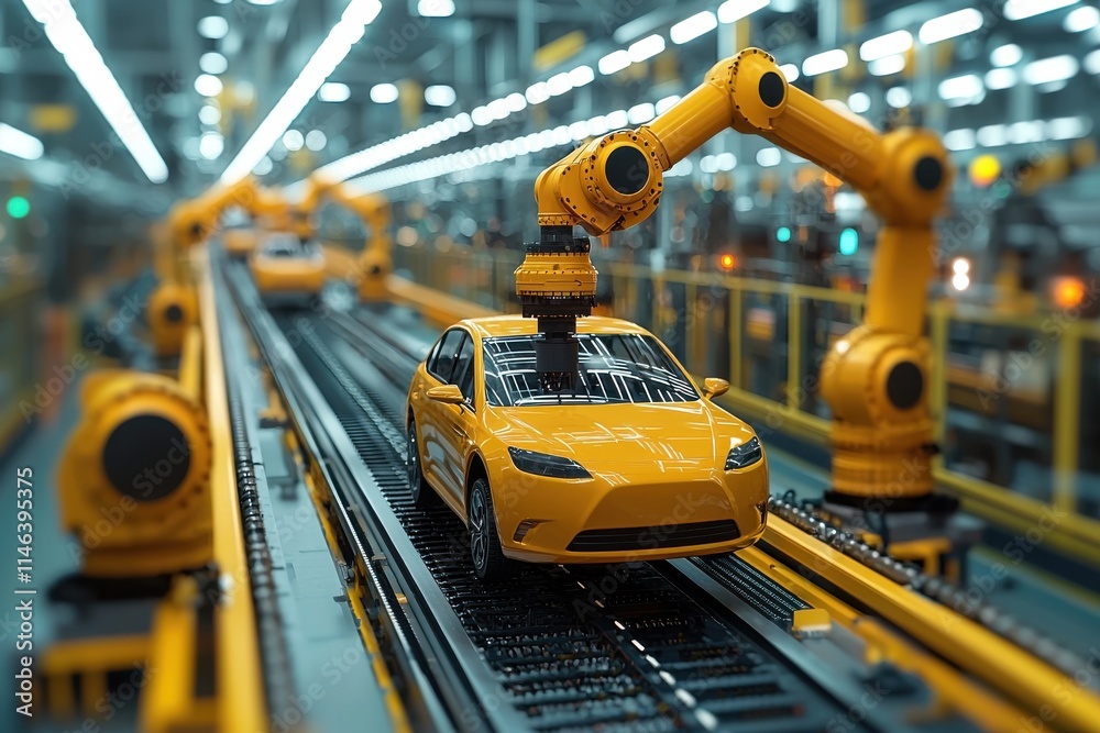 Modern car manufacturing with robotic arms assembling vehicles on a production line Modern car manufacturing with robotic arms assembling vehicles on a production line