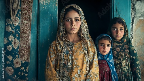 Three Young Girls Dressed in Traditional Garments Stand in a Doorway photo