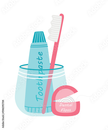 Toothpaste, toothbrush in a glass. Vector illustration of home oral care elements