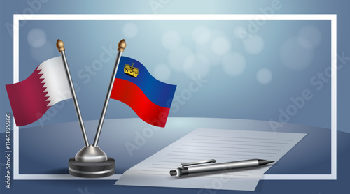 Qatar and Liechtenstein National flags on small table with bokeh background, cooperative relationship