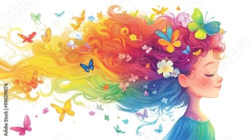 Whimsical Cartoon Girl with Vibrant Colorful Hair and Fantasy Elements – Children’s Illustration