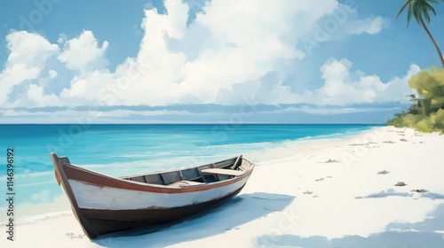 Beach and boat with blue sky and clouds