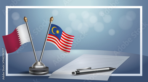 Qatar and Malaysia National flags on small table with bokeh background, cooperative relationship