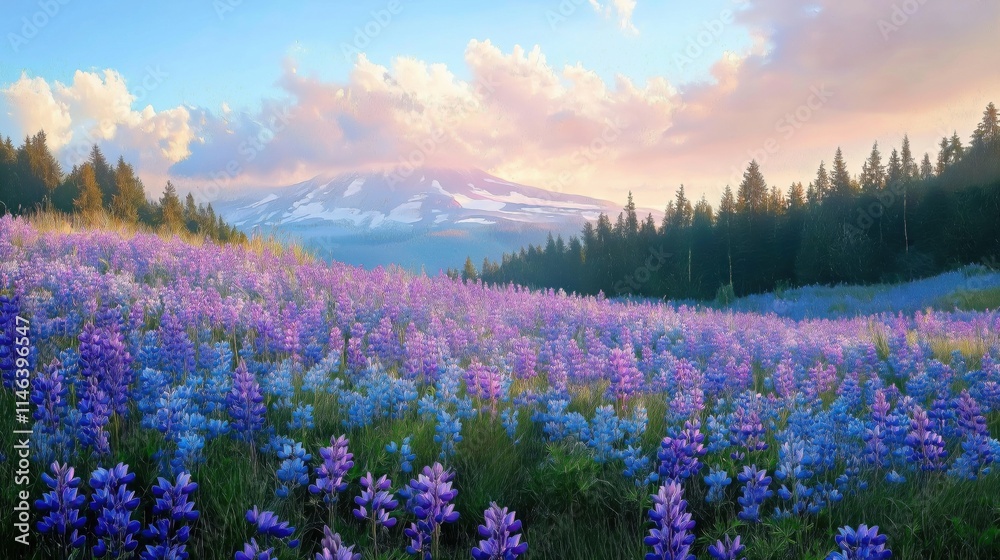 Obraz premium Lavender field with green trees and mountains in the morning