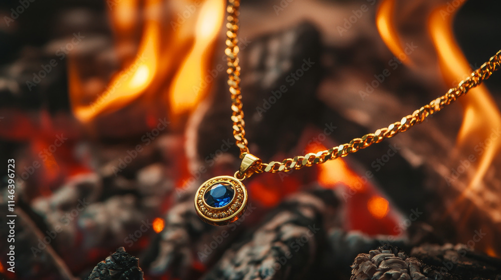 Fototapeta premium “Campfire Elegance: Sapphire Pendant’s Glow”