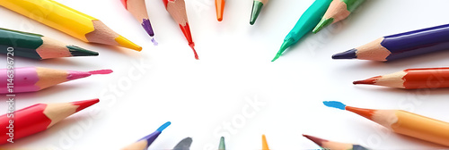 Colorful pencils arranged abstractly on a plain white background create a visually striking artwork with unique visual appeal._00001_