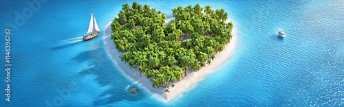 A top-down view of a tropical island shaped like a heart, set in sparkling turquoise waters. photo