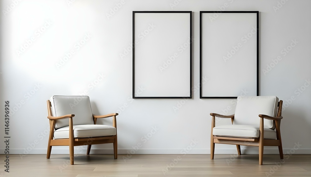 Two wooden armchairs with white cushions in a minimalist room with white walls and empty picture frames
