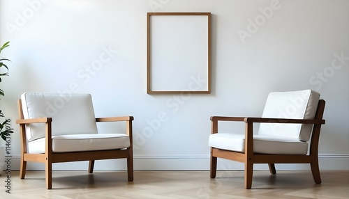 Two wooden armchairs with white cushions in a minimalist room with white walls and empty picture frames