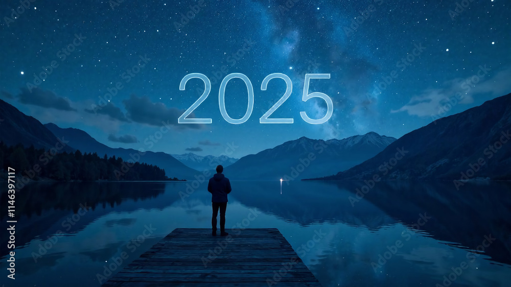 Businessman standing on a wooden jetty and looking at the new year 2025 Businessman standing on a wooden jetty and looking at the new year 2025